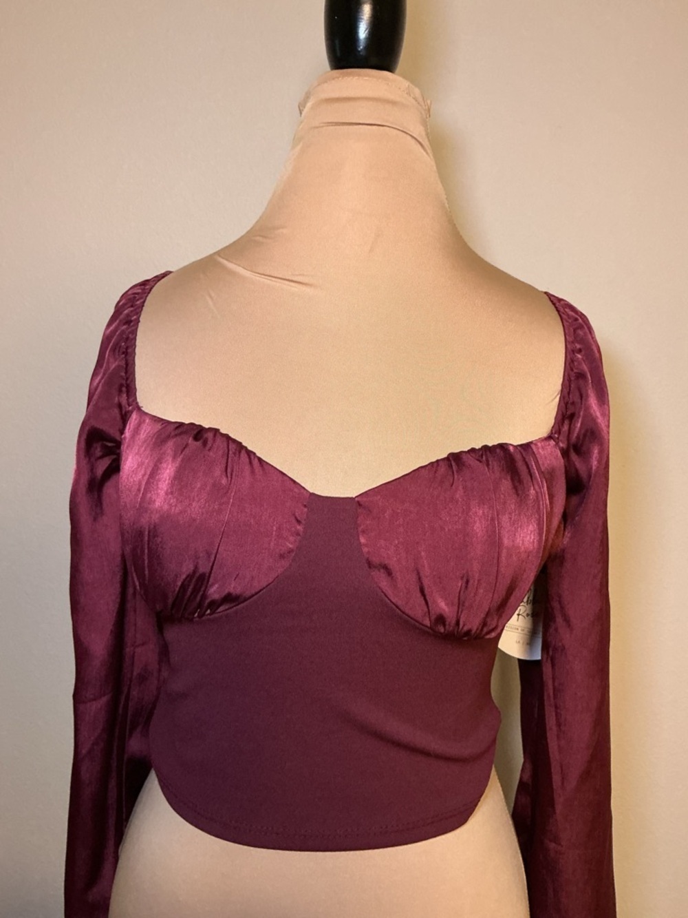 Rabbit Rose Burgundy Satin Bustier Long Sleeve Crop Top - Picture 4 of 12